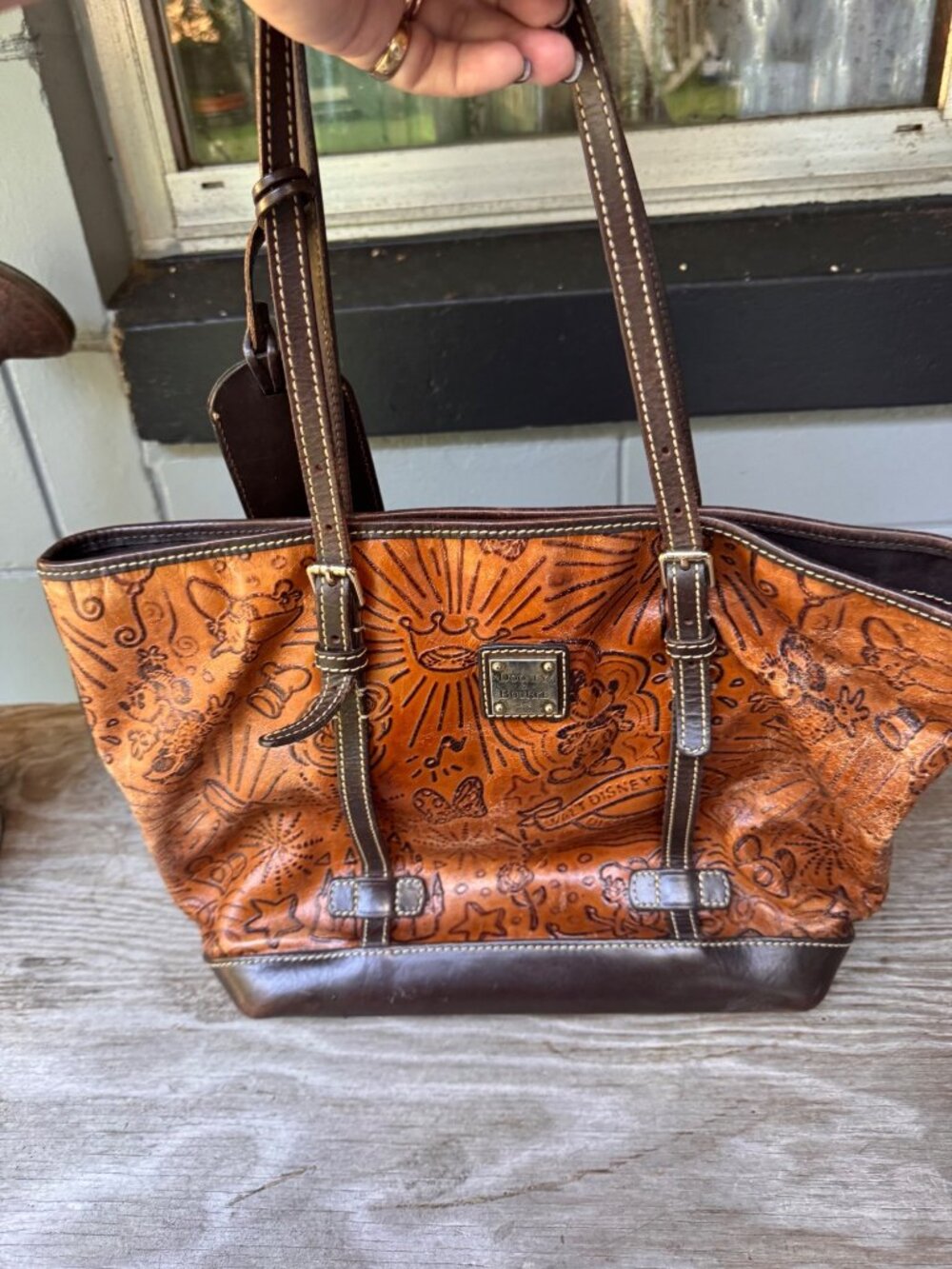 Disney Dooney Bourke Brown Leather Sketch Tote Mickey Parks Embossed Shopper